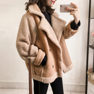 Women's Lamb Wool Coat Korean Loose Mid-length Winter Warm Motorcycle Jacket 