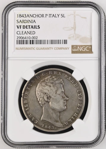 Sardinia, Italy SILVER 1843 Anchor 5 Lire VF NGC Graded