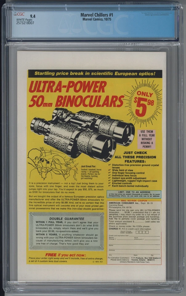 MARVEL CHILLERS 1 CGC 9.4 NM White Pages 1stApp MODRED THE MYSTIC 1975 Key Issue - Image 2 of 2