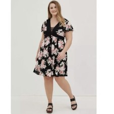 Torrid Black Floral Gauze Lace-Up Crochet Tassels Skater Dress Size 3X Boho