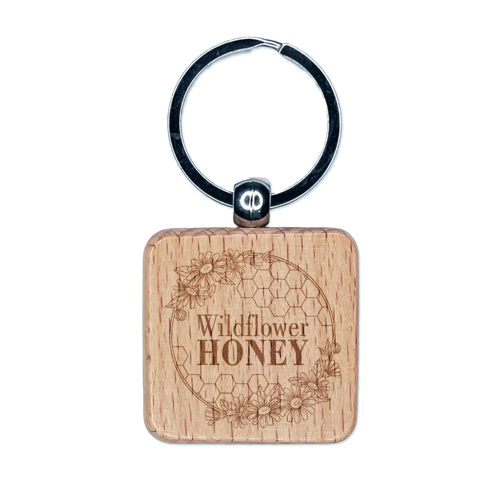 Wildflower Honey with Honeycombs and Daisy Flowers Engraved Wood Square Keychain