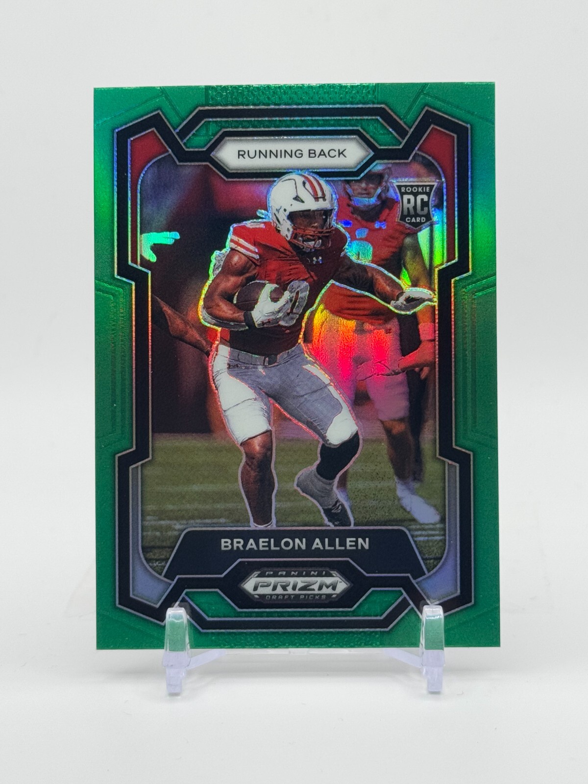 Braelon Allen 2024 Panini Prizm Draft Picks Green Prizm RC #129 Wisconsin / Jets