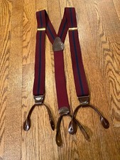 Pelican Adjustable Suspenders, Maroon W/Navy Stripe And Leather Trim.