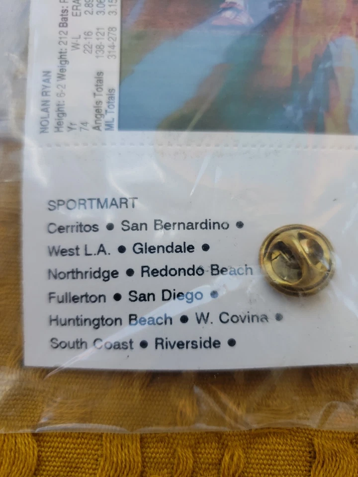 1992 Rawlings Sportmart Nolan Ryan 3rd No-hitter Special Lapel Pin Angels w/Card - Image 4 of 4