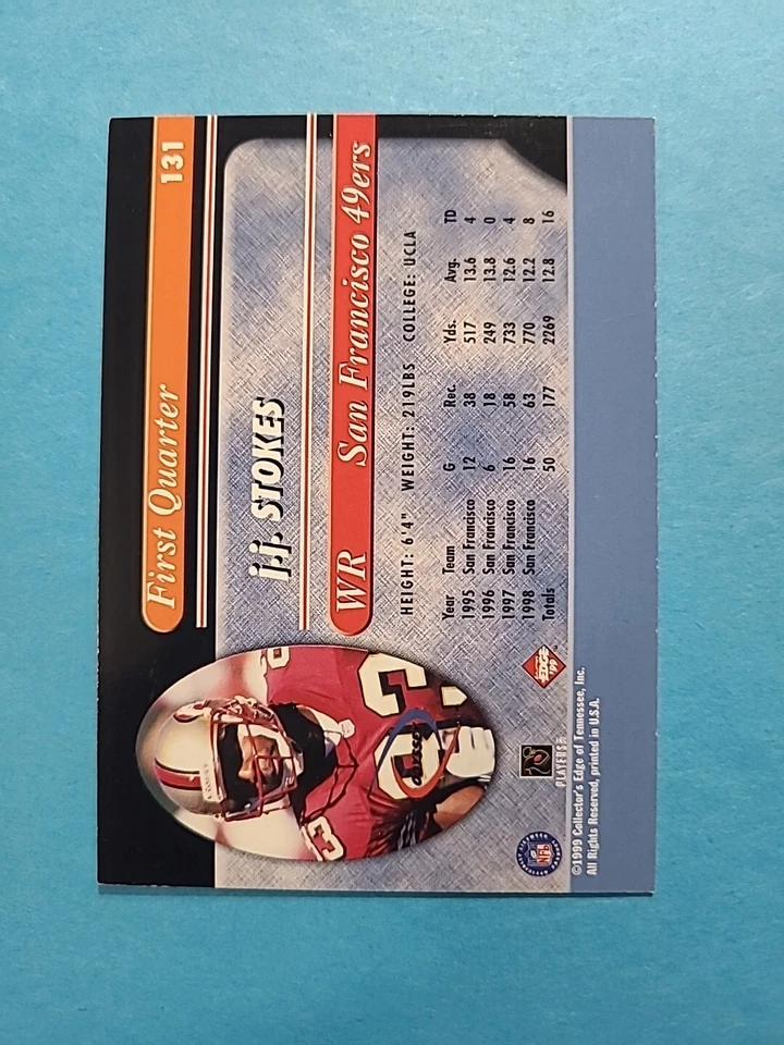 J.J. STOKES 1999 COLLECTOR'S EDGE ODYSSEY FOOTBALL CARD # 131 H5627 - Image 2 of 2