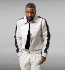 Men's Brayden PU Genuine Leather Track Suit Sweatsuit Style White/Black