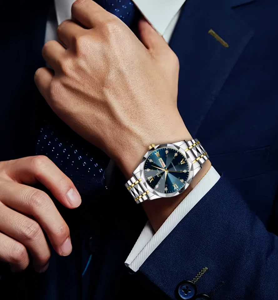 男士手表奢华品牌防水模拟石英日历不锈钢表带 — 第 3/4 张图片