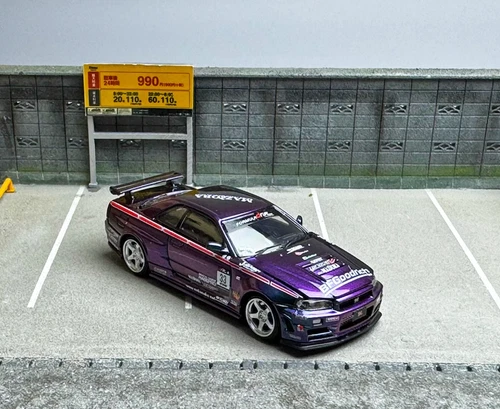 TM 1:64 JDM Purple Skyline GTR R34 Racing Sports Model Diecast Metal Car