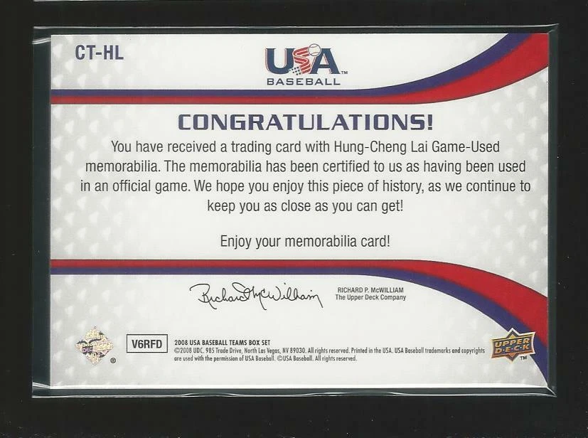 2008 Upper Deck USA Hung-Cheng Lai Chinese Taipei GU Jersey Patch Rare Sp /479 - Image 2 of 2