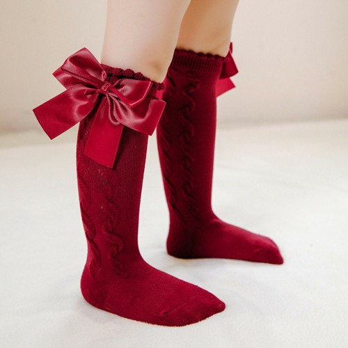 Toddler Baby Kids Girls Knee High Long Socks Spanish Ribbon Bow Cotton Stockings - Picture 6 of 19
