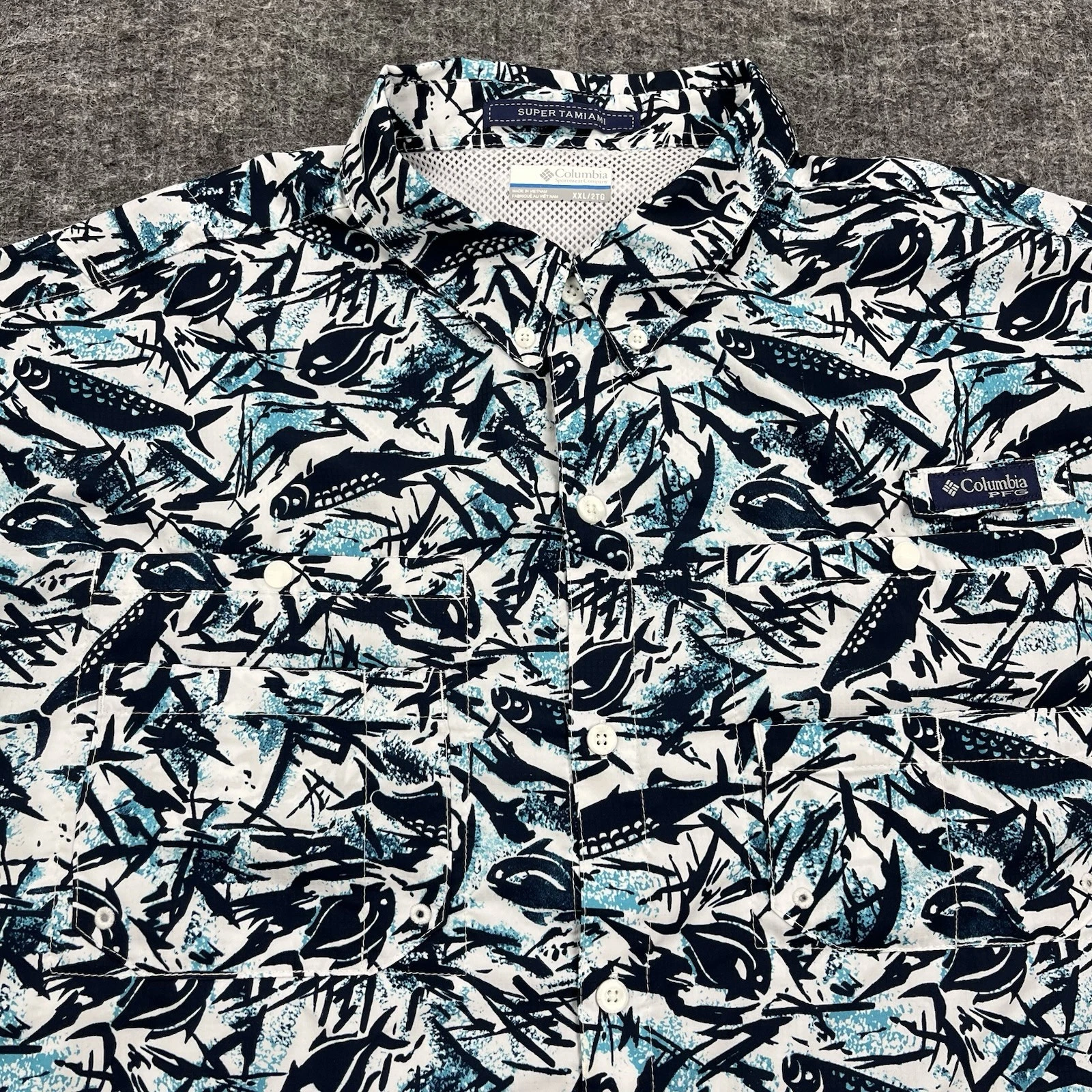 Columbia Fishing Shirt Mens 2XL XXL Blue Fish Print PFG Camp Super Tamiami