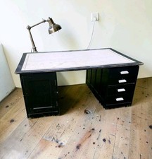 Very Large Antique Black And White Partners Pedestal Desk