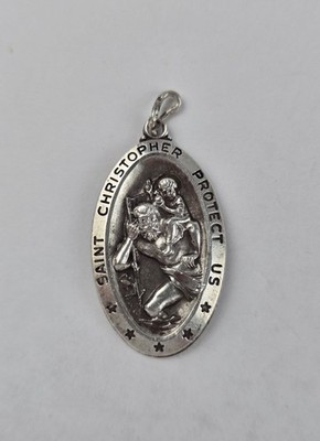 Vintage Saint Christopher Protect Us 5 Star Sterling Silver Necklace Pendant