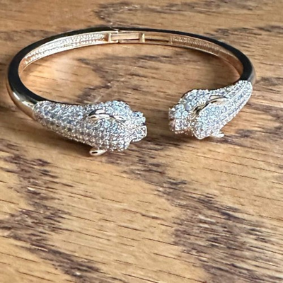 #ad Gold Panther Head Bangle Bracelet – Crystal Pave Hinged Cuff Animal Statement J $22.00