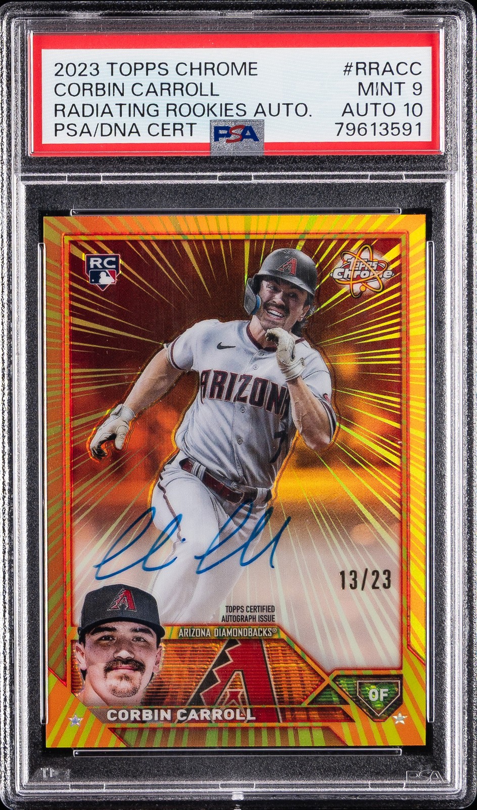 2023 TOPPS CHROME RADIATING ROOKIES AUTO CORBIN CARROLL 13/23 PSA 9 AUTO 10