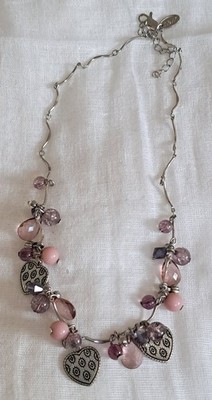 NEXT NECKLACE Silver tone Purple Pink Hearts 14 '' Long