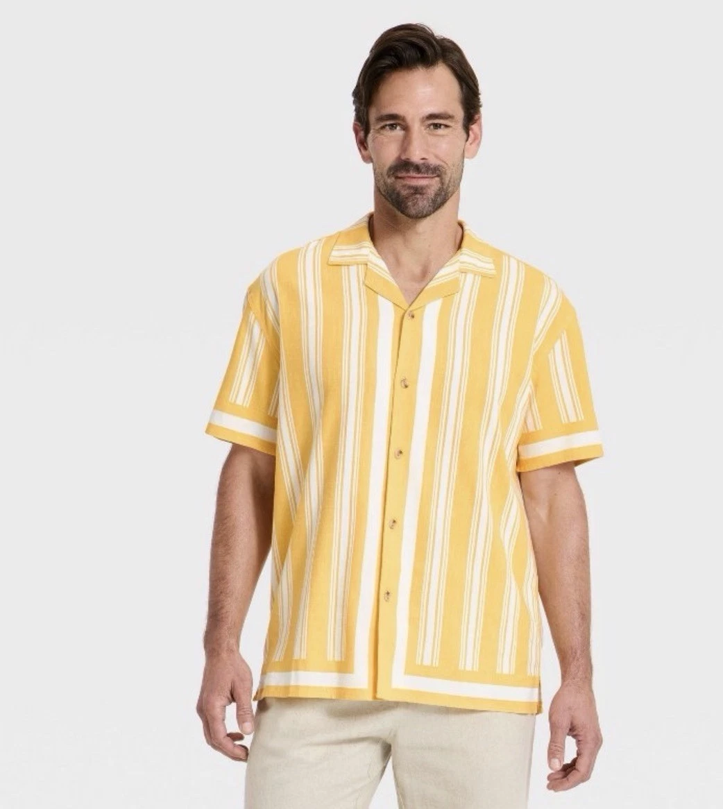 Good Fellow Camp Shirt Flowy Short Sleeve Button Large Mens New yellow beach Z