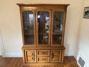 Vintage Bassett Solid Oak China Cabinet - French Provincial Display Hutch