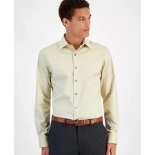 Alfani Dress Shirt Mens 17-17.5 34/35 Brown Rice Slim-Fit Temperature Regulate