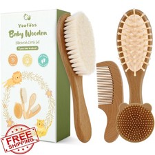 Yoofoss Baby Hair Brush and Comb Set Walnut Natural Goat Hair Boy Girl