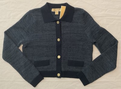 Michael Kors Cropped Collared Cardigan Sweater Cotton Blend Size Medium NEW