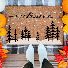 Snowy Trees Welcome Doormat, Winter Holiday Entry Mat, Christmas D cor Rug