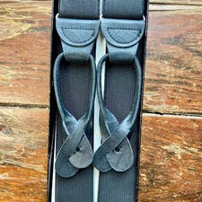 New Vintage Black Elastic Suspenders Braces Black Leather Button On NIB NOS