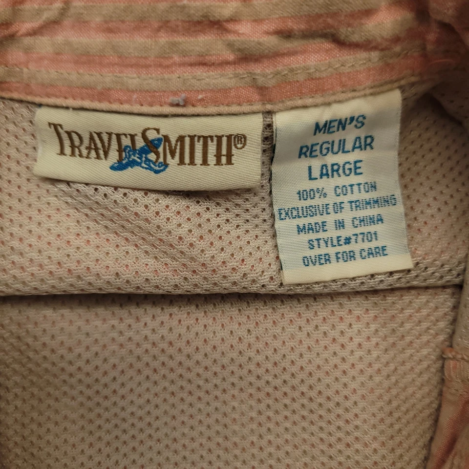 Camisa TravelSmith Para Hombres L Manga Corta Con Botones Campamento de Pesca Melocotón Rayas Foto 4 de 4