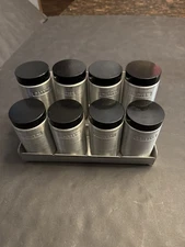 Vintage MidCenturyModern Kromex Spun Aluminum Spice Set W/Rack Set8