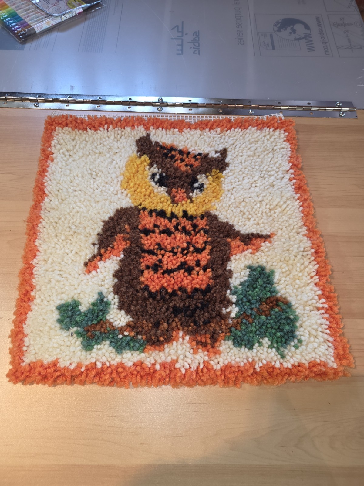 Vtg MCM Owl Latch Hook Rug COMPLETED