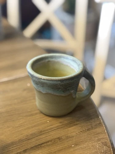 Vintage Art Pottery Drip Glaze Coffee Cup Mug Lemon Lime Green Signed