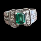 Vintage Sterling Silver 925 Men's Statement Ring Emerald Cut Green Stone Sz 12.5