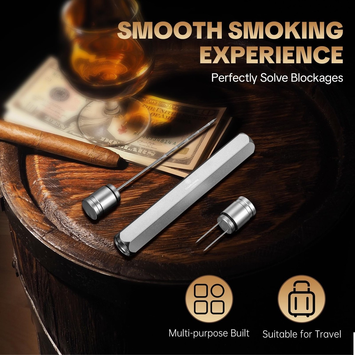 Cigar Draw Enhancer Tool, 2-in-1 Cigar Poker & Cigar Nubber, Practical Cigar  