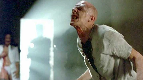 BEYOND RE-ANIMATOR Jeffrey Combs ELSA PATAKY DVD cover showing screaming face, gray shirt, and illuminated doorway.