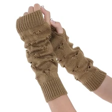 Knitted Ripped Crochet Gloves Arm Warmers, Long Fingerless Gloves, Brown