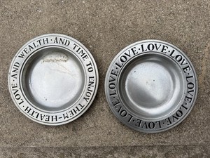 2 Metal Pewter Plates Love Wealth Time Antique Olde Bradford Troy Pa