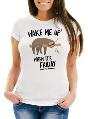 Damen T-Shirt Faultier Sloth Wake me up when it's friday Slim Fit Moonworks 