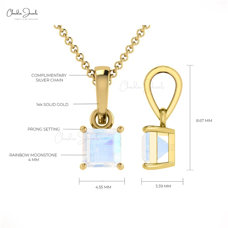 Colgante de piedra lunar arco iris de oro macizo de 14k de 4 mm conjunto de puntas de corte cuadrado collar regalo Foto 4 de 4