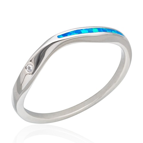 Anello donna curvo minimalista gioielli argento zirconi opale fuoco blu misura 6 7 8 9 10 - Foto 7 di 36