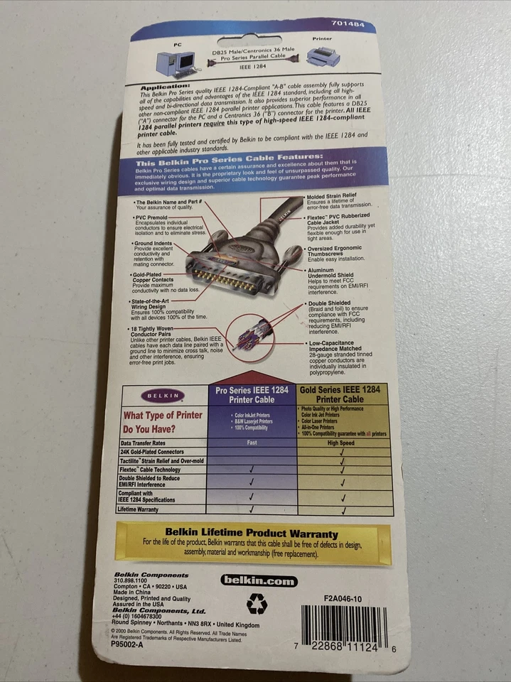 Belkin Pro Series 10' IEEE-1284, Male Parallel Printer Cable F2A046-10 - NEW - Image 2 of 4