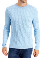 New Men's Club Room Crew Neck Skylight Blue Cable Knit Pullover Sweater L