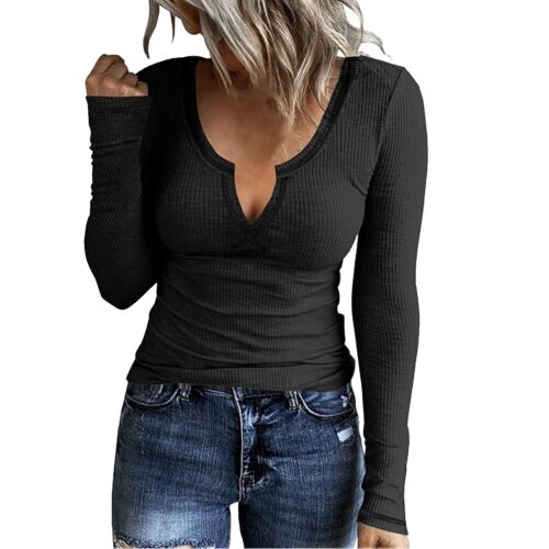 Women Casual Long Sleeve Tunic V-Neck Slim Fit Ribbed T Shirts Basic Tee Tops - Picture 22 of 29