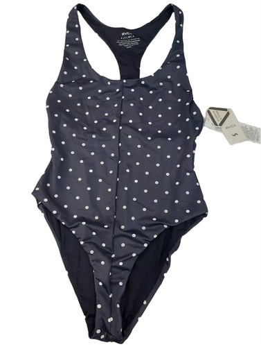 RVCA Swimsuit One Piece L Black White Polka Dot Racerback Medium Cut Swim Suit - Picture 3 of 7