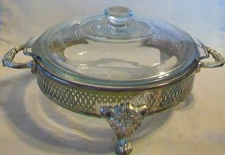 Clear Glass Casserole Bowl with Lid and Silverplated Serving Stand