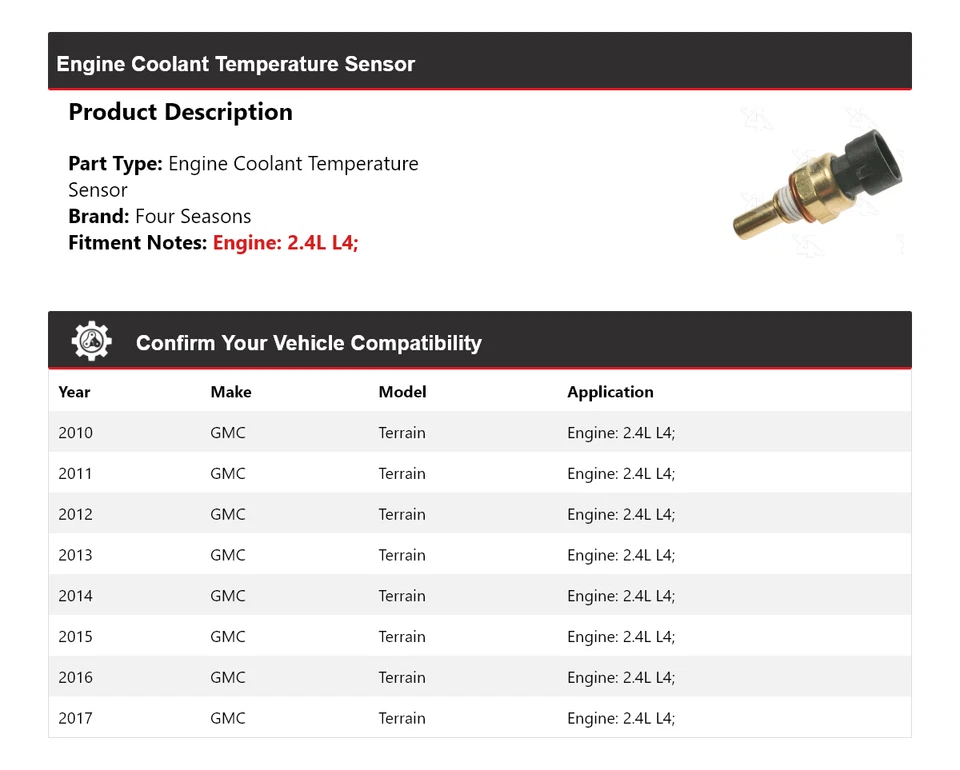 Sensor de temperatura de refrigerante del motor L4 de 2,4 L para GMC Terrain 2010-2017 4 estaciones Foto 2 de 4