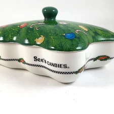 See's Candies CHRISTMAS TREE Porcelain Holiday Candy Dish With Lid  7.5" x 6"