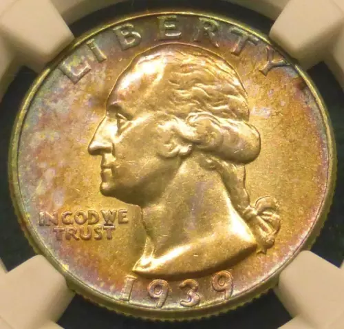 1939 NGC AU58 Silver Washington Quarter, Rainbow Blue & Pink Color Tone