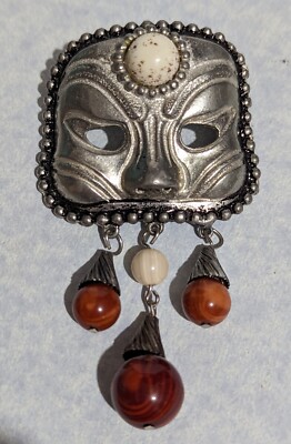 Brooch Face Mask Open Eyes Pewter Tone Pin Chinese Asian - Bead Accent Dangles