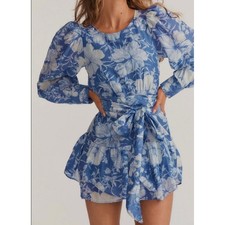 LoveShackFancy Puff Sleeve Mini Dress Womens 2 Blue Floral Silk Blend Ruffle
