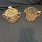 Vintage Pink Depression Jeannette Glass Creamer & Sugar W/Lid 3” Cube/“Cubist”